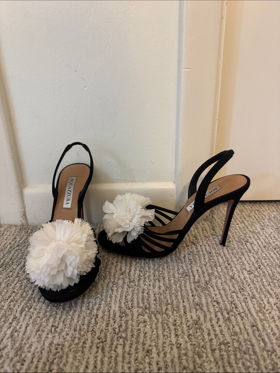 Aquazzura Black Slingback Heels with White Floral Pom